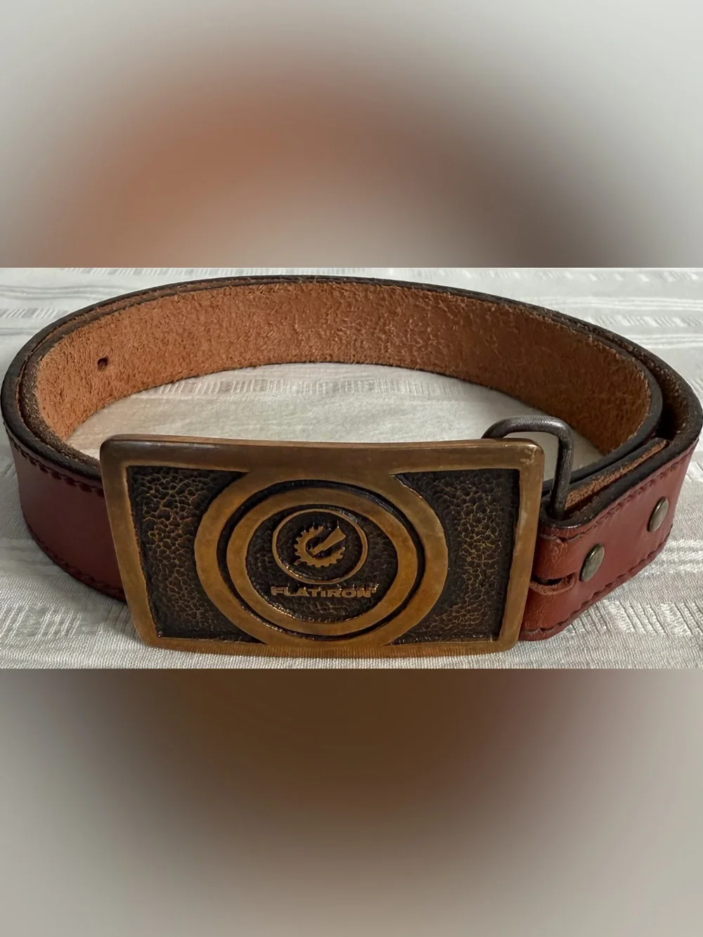 Vintage Flatiron Saddle Leather Belt Brown USA Made Brass Buckle Size 34